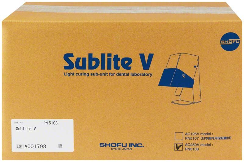 Braune Verpackung der Sublite V Lichtpolymerisationseinheit mit blauer Aufschrift.