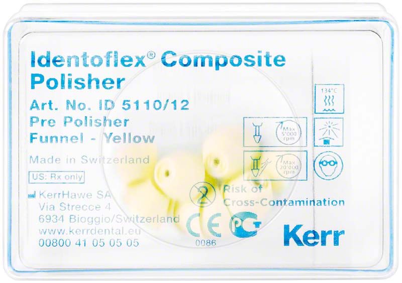 Identoflex™ Komposit Polierer Vorpolierer Gelb in Verpackung mit Logos und Text.