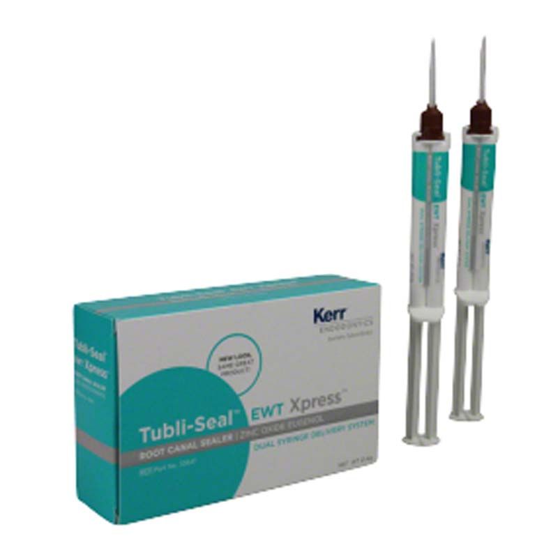 Tubli-Seal™ Xpress Wurzelkanal-Sealer mit Verpackung und zwei Applikationsspritzen.