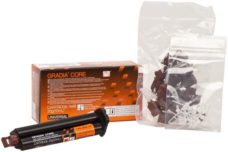 Gradia® Core Refill Kartusche und Zubehör vor Verpackung.