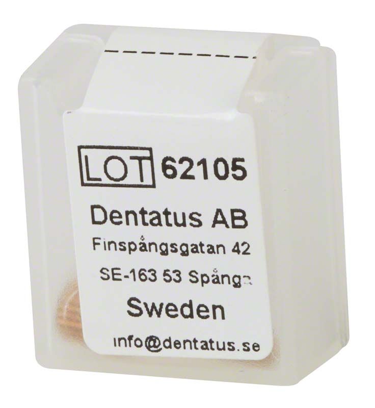 Kunststoffbox mit Etikett der Firma Dentatus AB, Schweden.