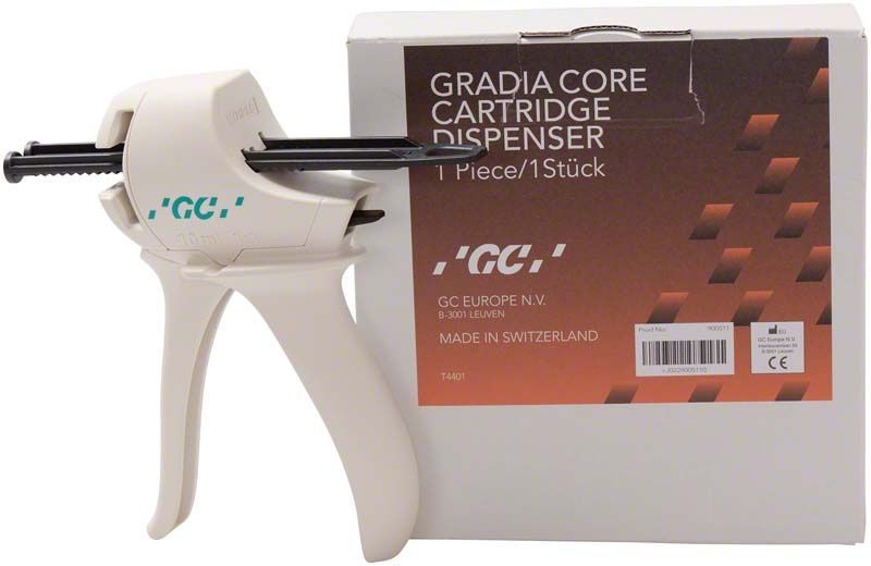 Gradia Core Kartuschen-Dispenser vor Verpackung mit Produktdetails.