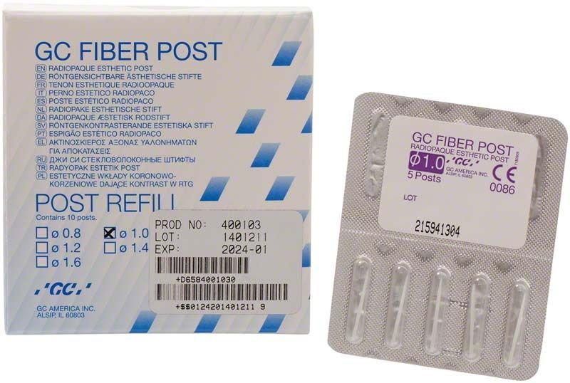 Verpackung der GC Fiber Post™ Glasfaserstifte mit 1,0 mm Durchmesser.