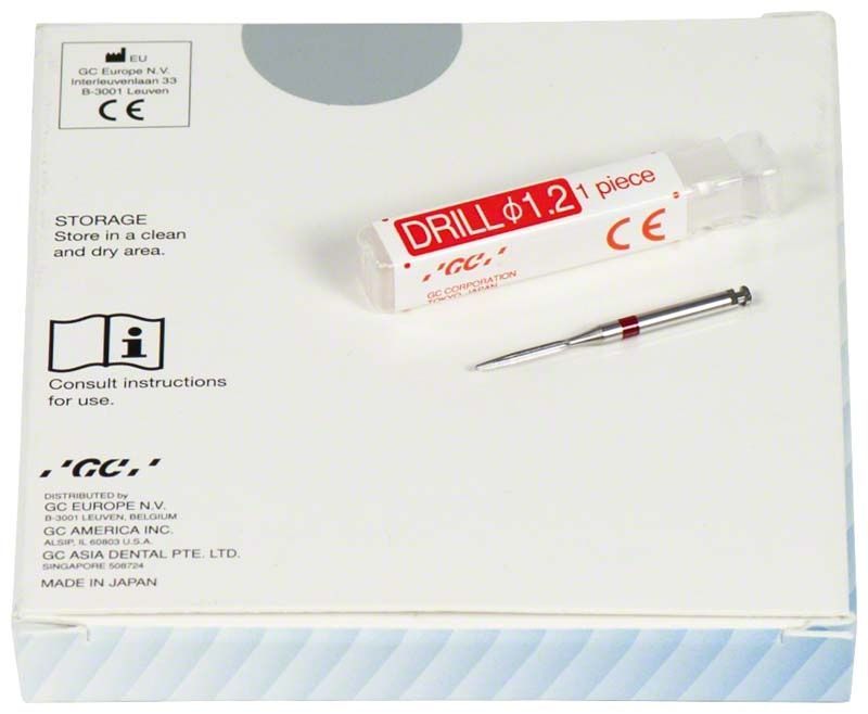 GC Fiber Post™ Bohrer 1,2mm auf Verpackung mit CE-Kennzeichnung.