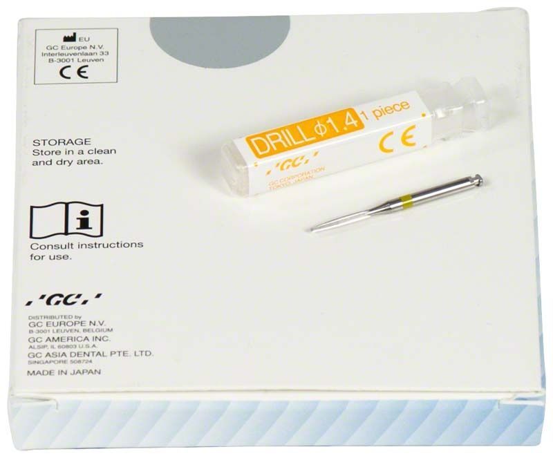 GC Fiber Post™ Bohrer 1,4mm mit Verpackung und Bohreransicht.