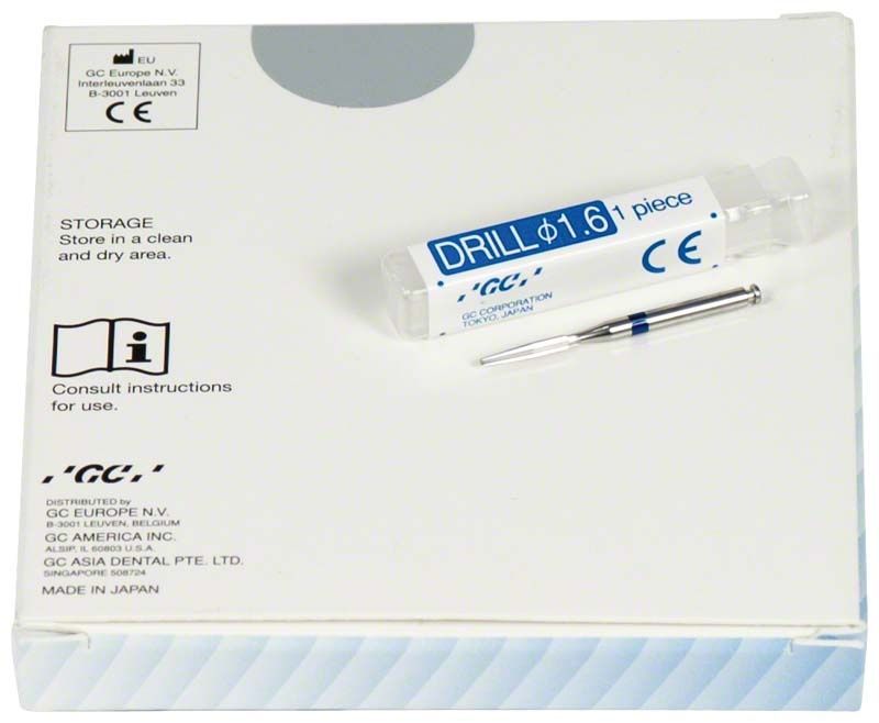 GC Fiber Post™ Bohrer 1,6mm mit Verpackung und Bohreransicht.