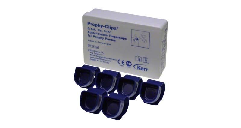 Prophy-Clips® in blauer Farbe vor Verpackung mit Produktinformationen.