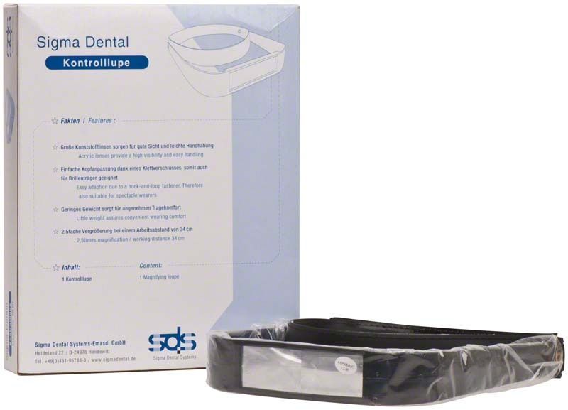 Verpackung der Sigma Dental Kontrolllupe mit verstellbarem Kopfband.