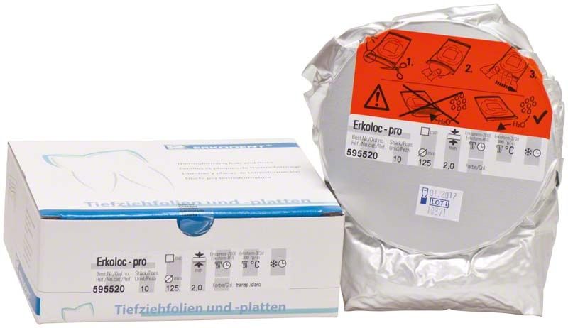 Erkoloc-pro Folienverpackung und Box mit dentalen Anwendungshinweisen.