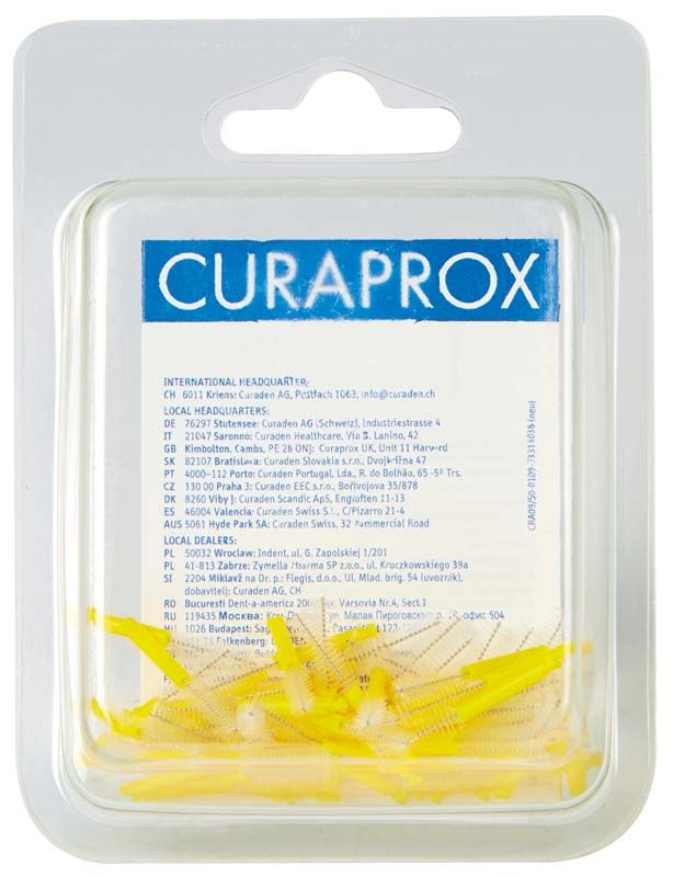 CURAPROX CRA roto CRA 09 prime, gelb, in Verpackung mit gelbem Interdentalbürstenkopf.
