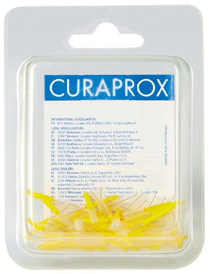 CURAPROX CRA roto CRA 09 prime, gelb, in Verpackung mit gelbem Interdentalbürstenkopf.