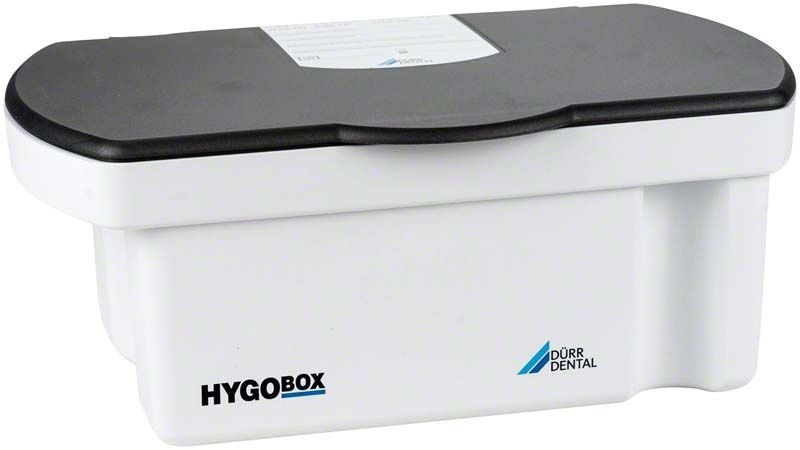 Hygobox mit anthrazitfarbenem Deckel und weißem Siebeinsatz für Dentalinstrumente.