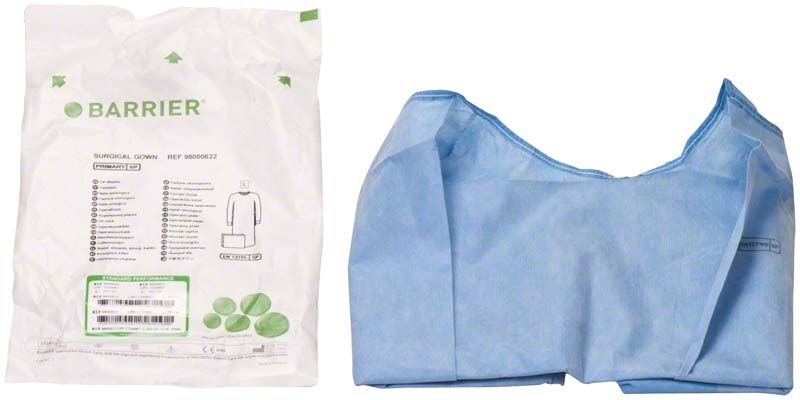 BARRIER® OP-Mantel PRIMARY STANDARD, verpackt und ausgepackt in blauer Farbe.