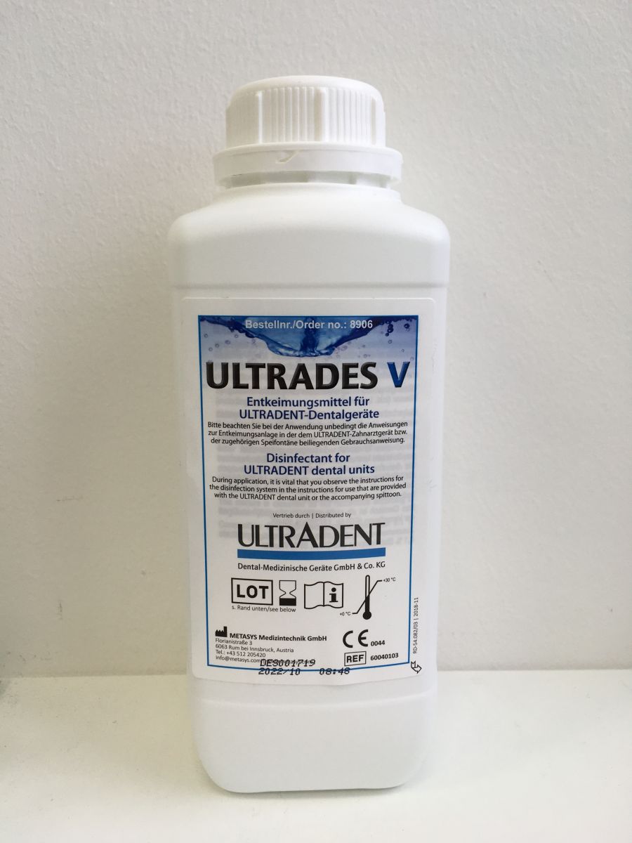 Ultrades V Entkeimungsmittel-Flasche mit Etikett für Dentalgeräte.