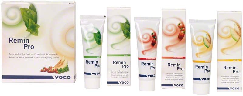 Remin Pro Zahnpflege mit Fluorid und Hydroxylapatit in verschiedenen Geschmacksrichtungen.
