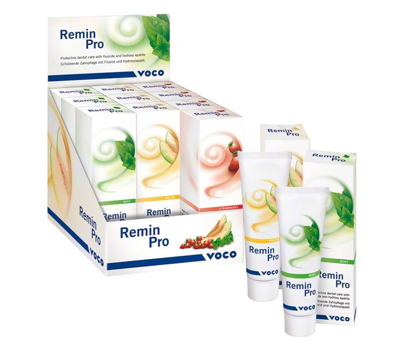 Remin Pro® 12 x 40g Zahnpflegecreme mit Fluorid und Hydroxylapatit in Verpackung.