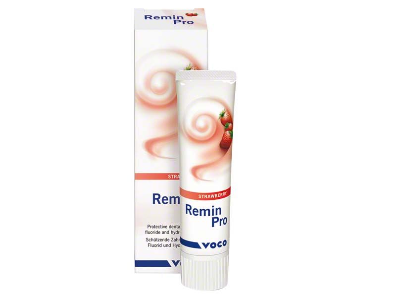 Remin Pro® Zahnpasta Erdbeere in Tube und Verpackung.