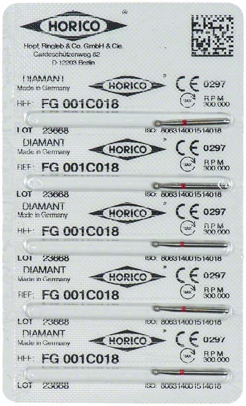 Verpackung von Diamantschleifern FG 001C 018 mit rotem Ring.