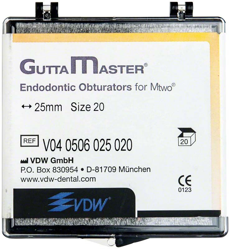 GuttaMaster Obturatoren ISO020 Verpackung mit Produktdetails und VDW-Logo.
