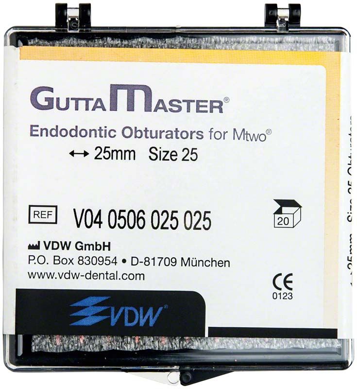 Verpackung der GuttaMaster Obturatoren ISO025, 20 Stück, mit Produktdetails.