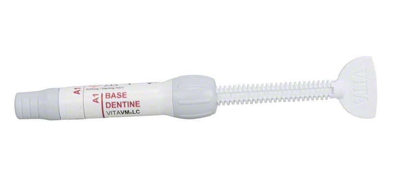 Lichthärtendes Verblendkomposit VITAVM®LC BASE DENTINE A1 in Spritzenform.