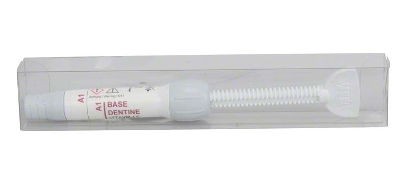 Lichthärtendes Verblendkomposit VITAVM®LC BASE DENTINE A1 in transparenter Verpackung.