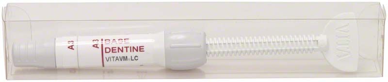 Lichthärtendes Verblendkomposit VITAVM®LC BASE DENTINE in Spritzenform.