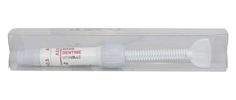 Lichthärtendes Verblendkomposit VITAVM®LC BASE DENTINE A3,5 in transparenter Verpackung.
