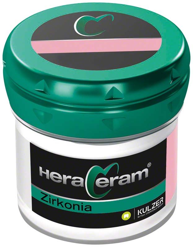 HeraCeram® Zirkonia Gingiva G4 in grünem Behälter mit Logo und Produktnamen.