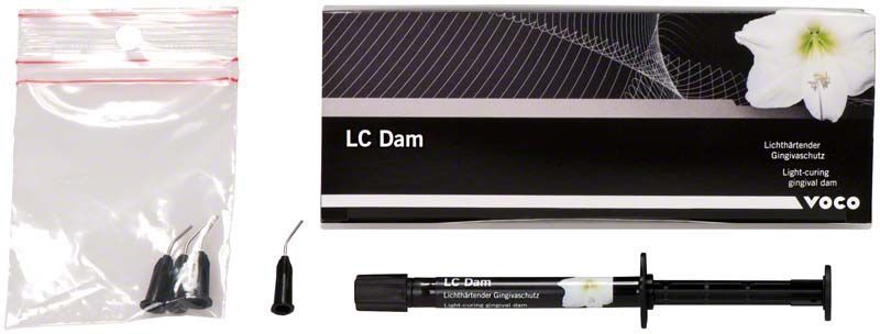 LC Dam Gingivaschutz mit Spritze, Verpackung und Zubehörteilen.