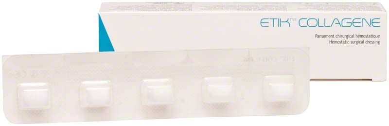 Etik Collagene Hämostyptikum in Blisterverpackung vor weißem Karton.