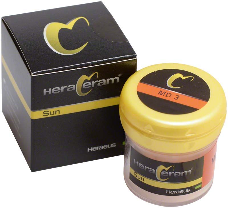 HeraCeram® Sun Mamelon-Dentin MD3 in Originalverpackung mit gelbem Deckel.