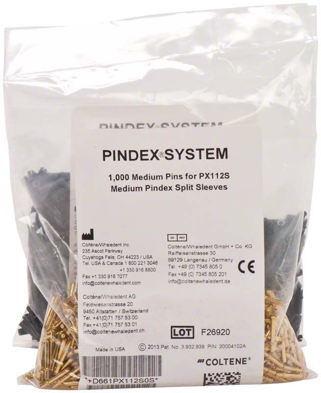 Pindex Messing-Pins mit Hülsen, verpackt in einer transparenten Tüte.