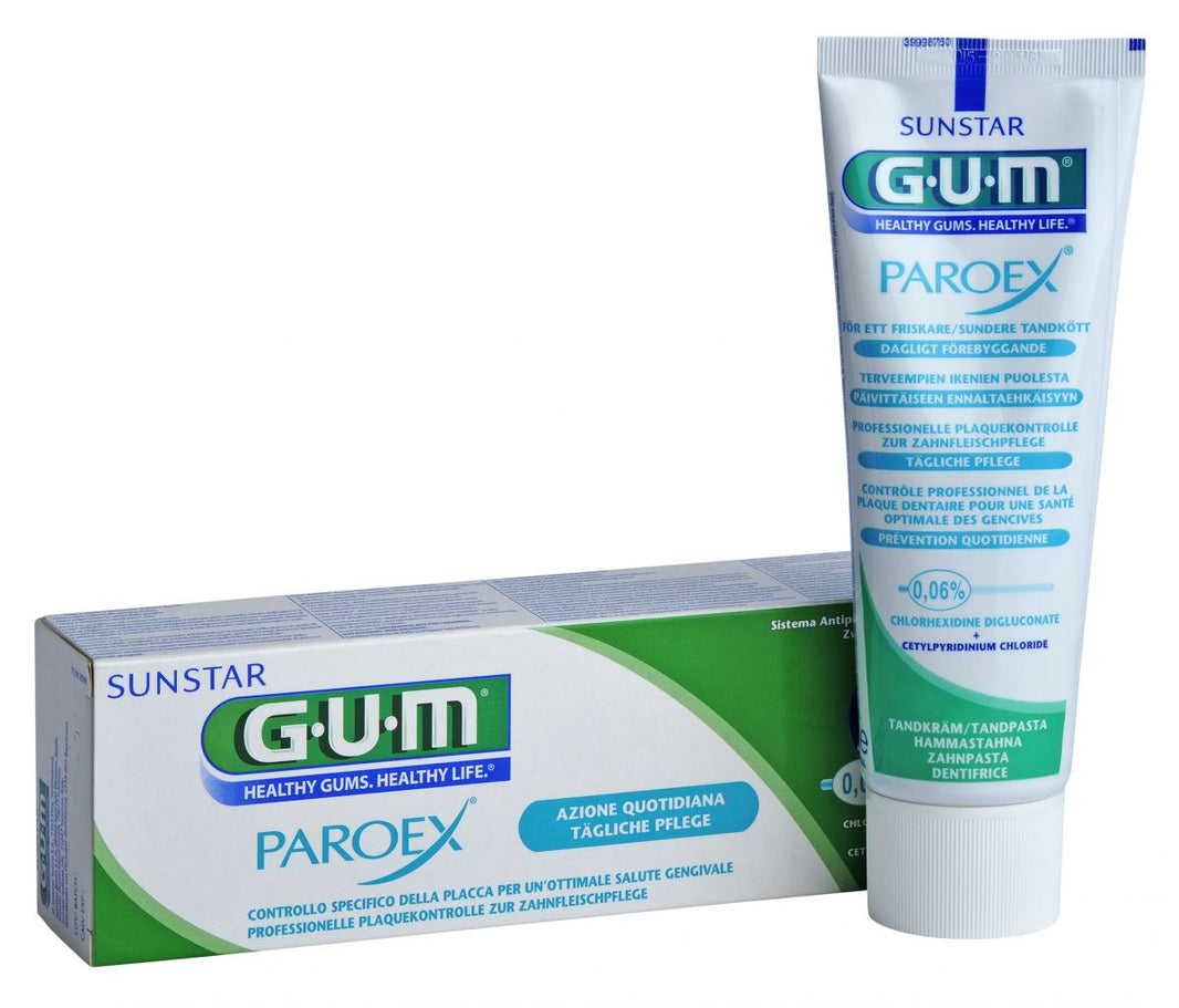 GUM PAROEX Zahnpasta 0,06% in 75ml Tube und Verpackung.