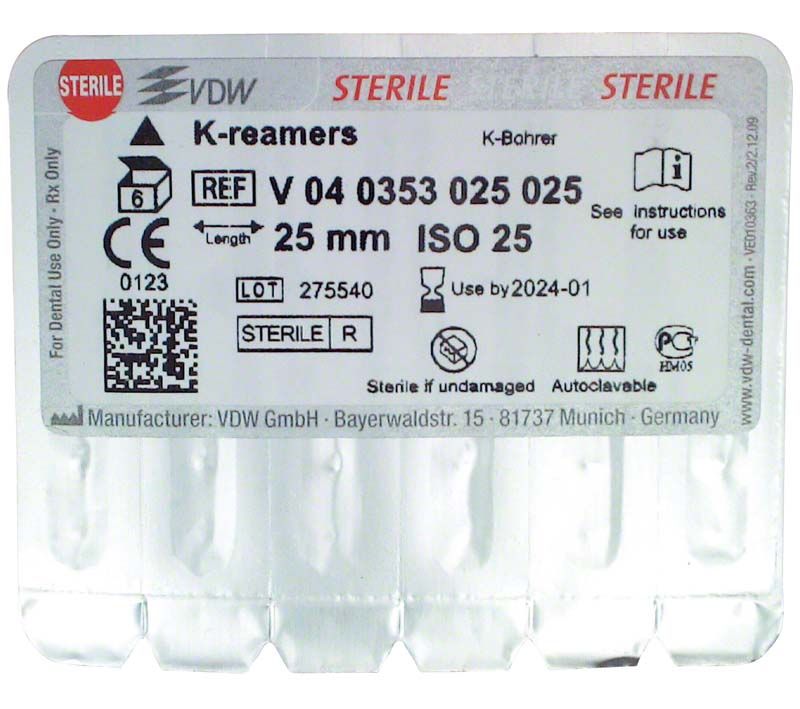 Blisterpackung der VDW K-Bohrer 25mm Gr. 025 mit Sterile-Aufdruck.