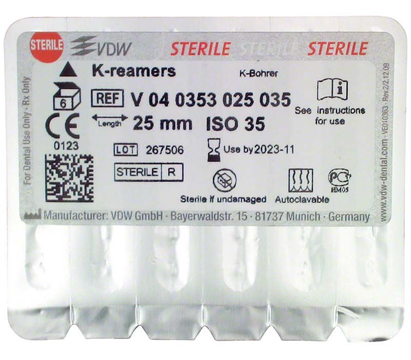 K-Bohrer 25mm Gr. 035 in Blisterverpackung mit Sterilisationshinweisen.