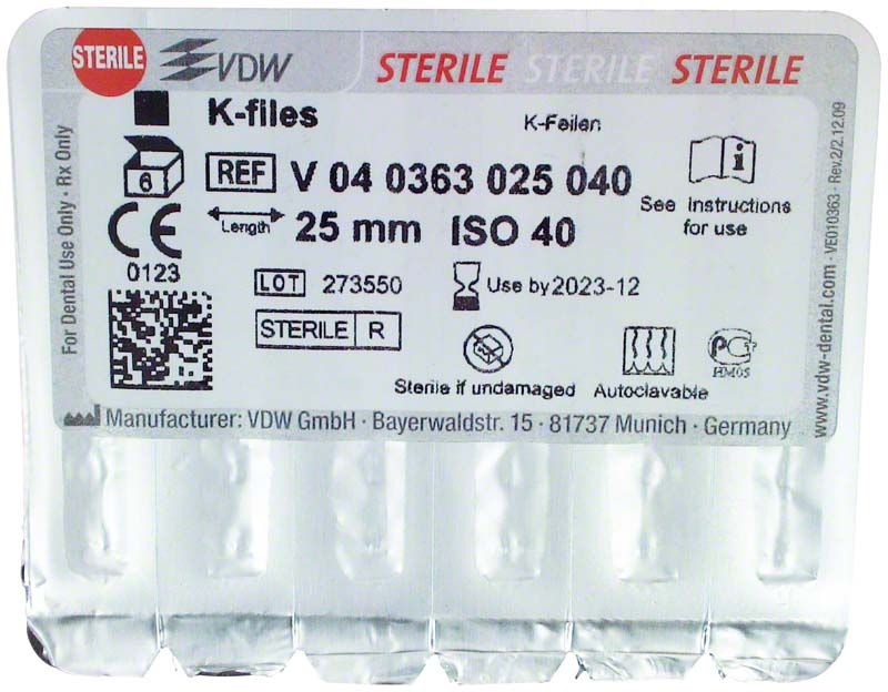 Blisterverpackung der K-Feilen 25mm Gr. 040 von VDW mit Sterile-Siegel.