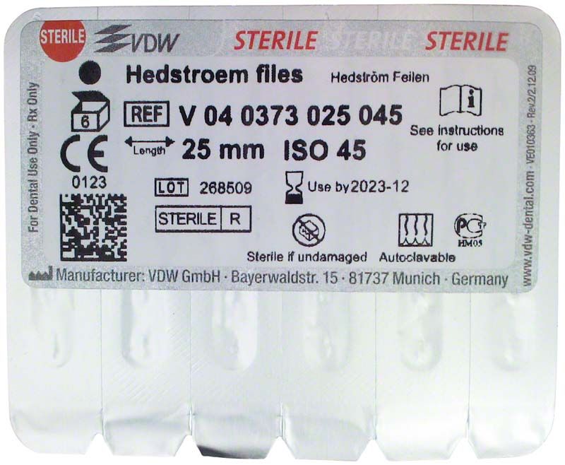 Sterile Hedström Feilen 25mm Gr. 45 in Blisterverpackung mit Etikett und ISO 45 Kennzeichnung.