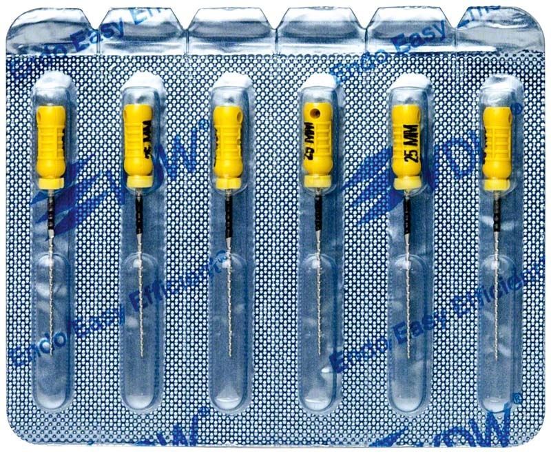 Sterile Hedström Feilen 25mm Gr. 50 mit gelben Griffen in Blisterverpackung.