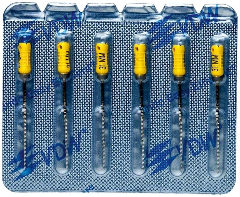 Verpackung der K-Bohrer 31mm von VDW mit sechs gelben Instrumenten.