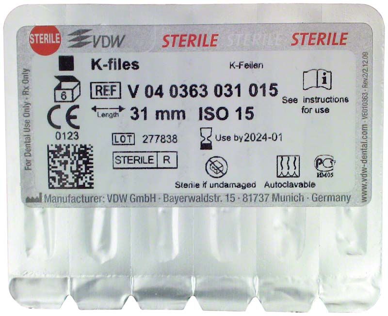 Blisterverpackung der K-Feilen 31mm Gr. 015 von VDW mit Etikettendetails.