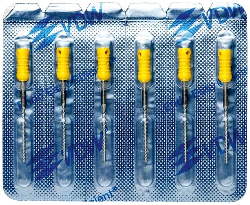 Sterile VDW Hedström Feilen 25mm mit gelben Silikon-Stoppern in Blisterpackung