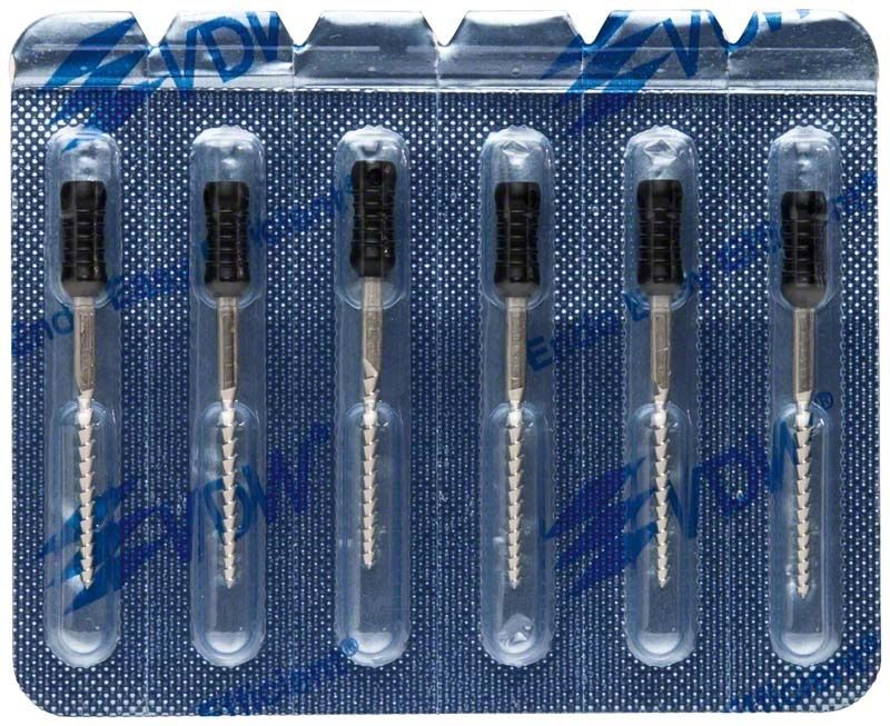 Sechs sterile VDW®STERILE Hedström Feilen 25mm Gr. 140 in Blisterverpackung.