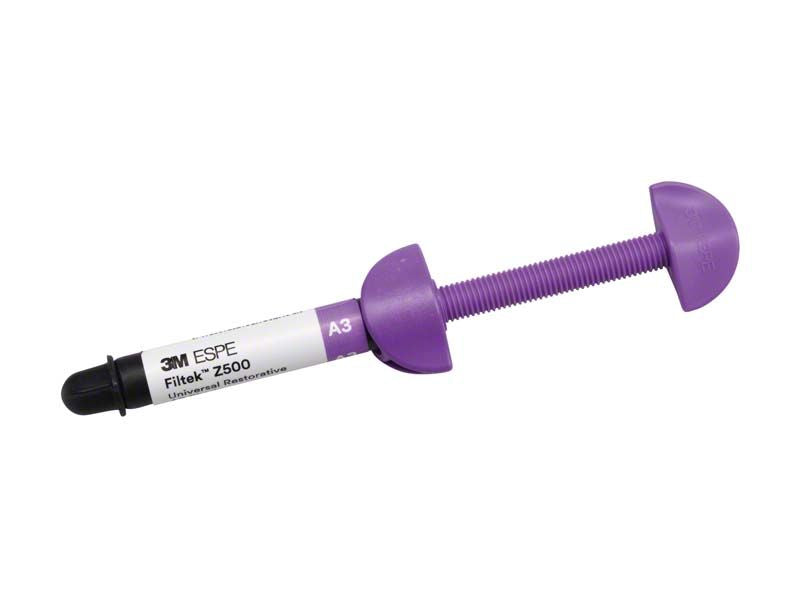 3M Filtek Z500 Spritze A3 mit violettem Kolben und schwarzer Kappe.