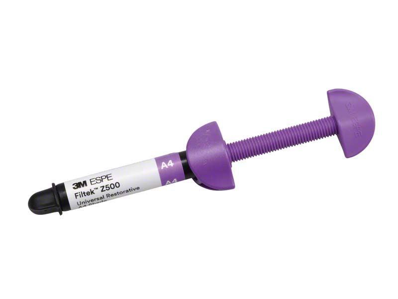 Filtek Z500 Spritze A4 mit violettem Applikator und weißem Etikett.