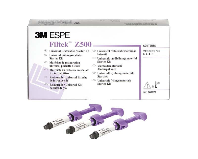 Filtek Z 500 Trialpackung Spritzen mit lila Kappen und Verpackung.