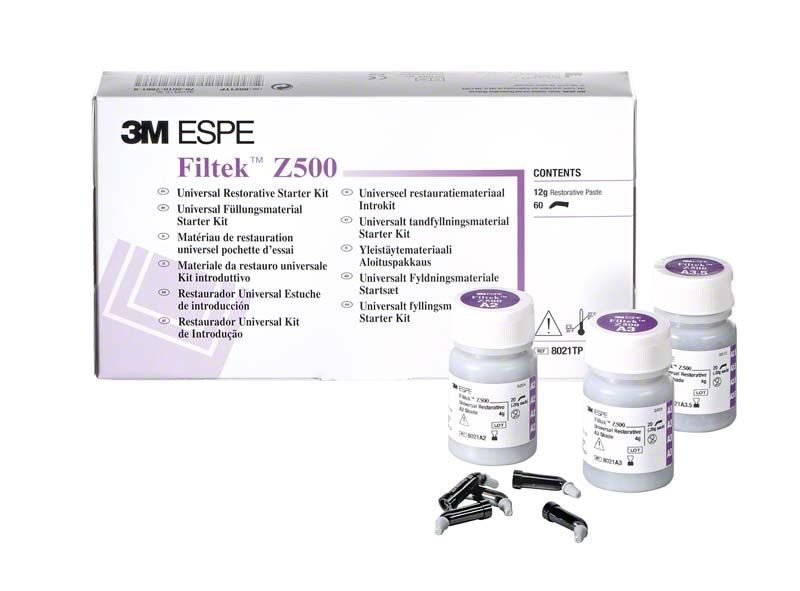Filtek Z 500 Trialpackung Kapseln mit drei Fläschchen und Kapseln.