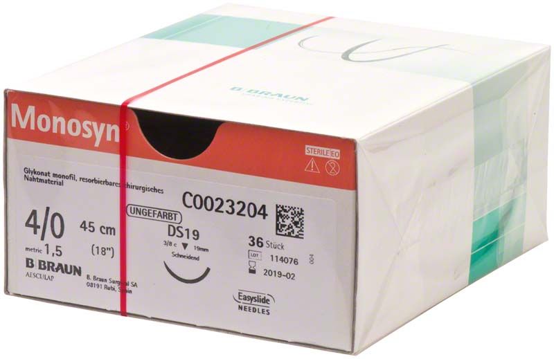 Monosyn® chirurgisches Nahtmaterial 4/0, 45 cm, unbeschichtet in Verpackung.