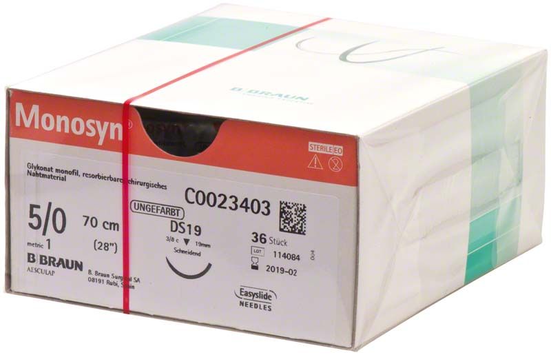 Verpackung von Monosyn® 5/0 chirurgischem Nahtmaterial, 70 cm, ungefärbt, DS19.