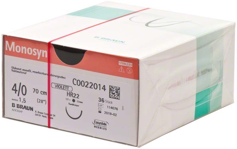 Monosyn® chirurgisches Nahtmaterial, 4/0, 70 cm, sterile Verpackung.